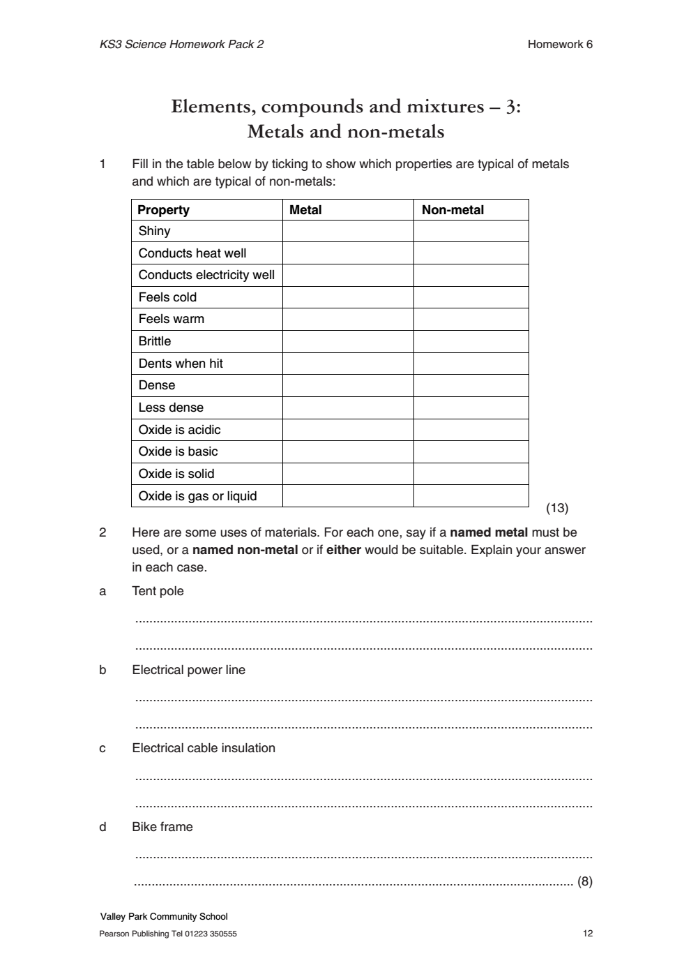 Metals and non-metals worksheet